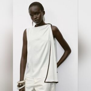 NWT Zara White and Black Satin Effect Bow Trim Sleeveless Top